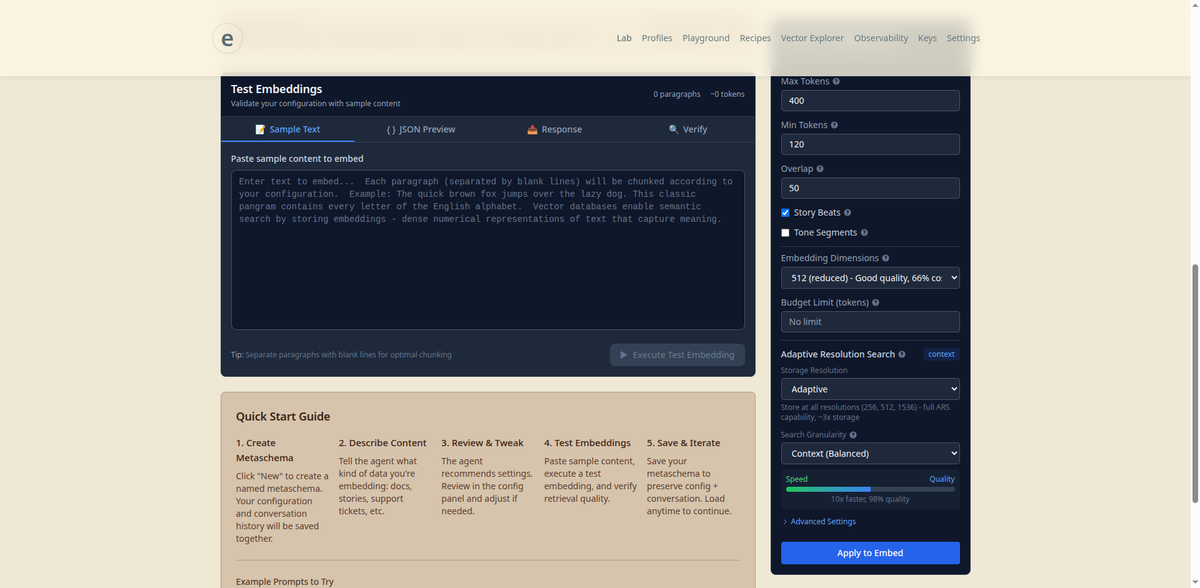 Enscribe Lab - Test embeddings with sample content and iterate on your configuration